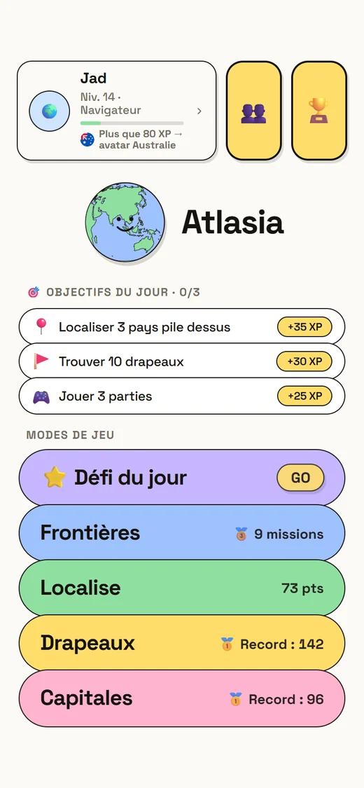 Écran d'accueil : objectifs du jour et modes de jeu.