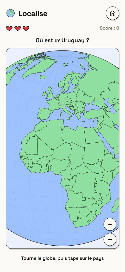 Le globe 3D du mode Localise : trouver le Malawi.